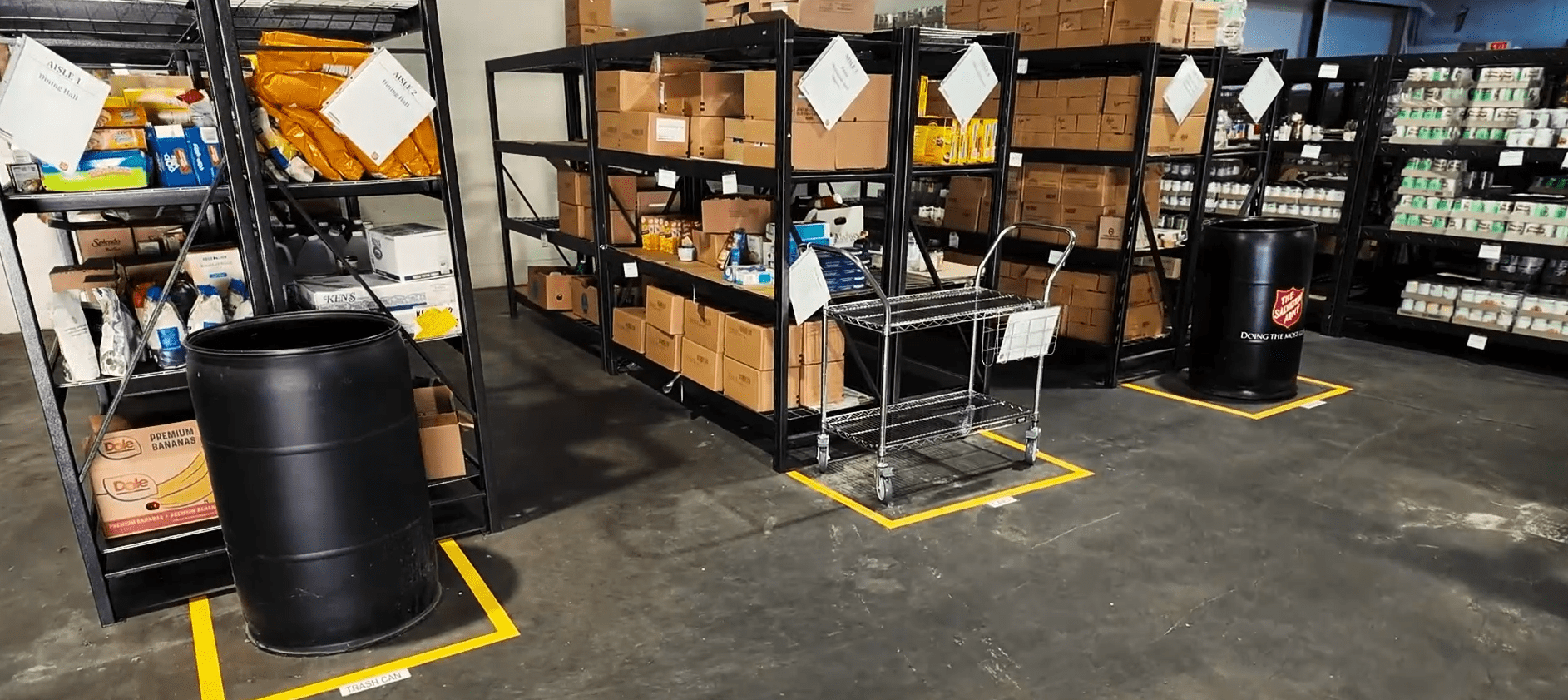 Items labeled and outlined at the food pantry warehouse