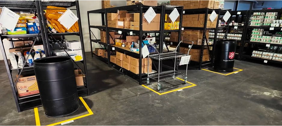 Items labeled and outlined at the food pantry warehouse