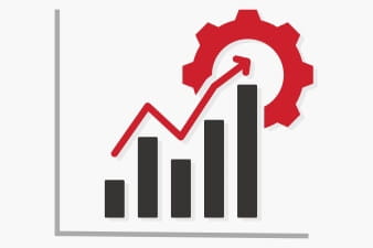 Graphic bar chart with red upward trend line and cog wheel