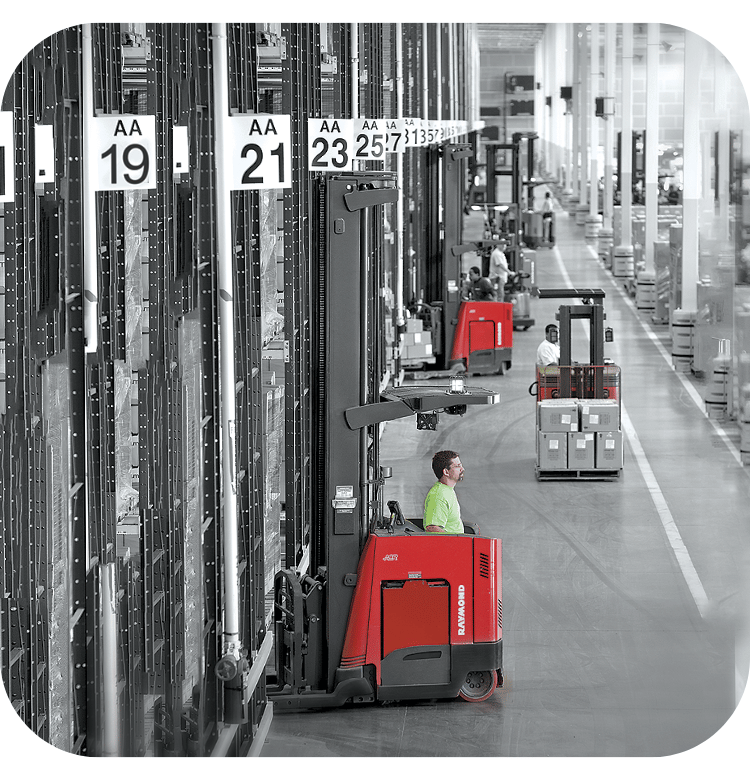 Red Raymond Forklifts in Carolina Handling Warehouse